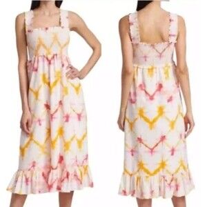 Rails Rumi Diamond Tie Dye Smocked Sundress XS Pink Yellow Square Neck Prairie